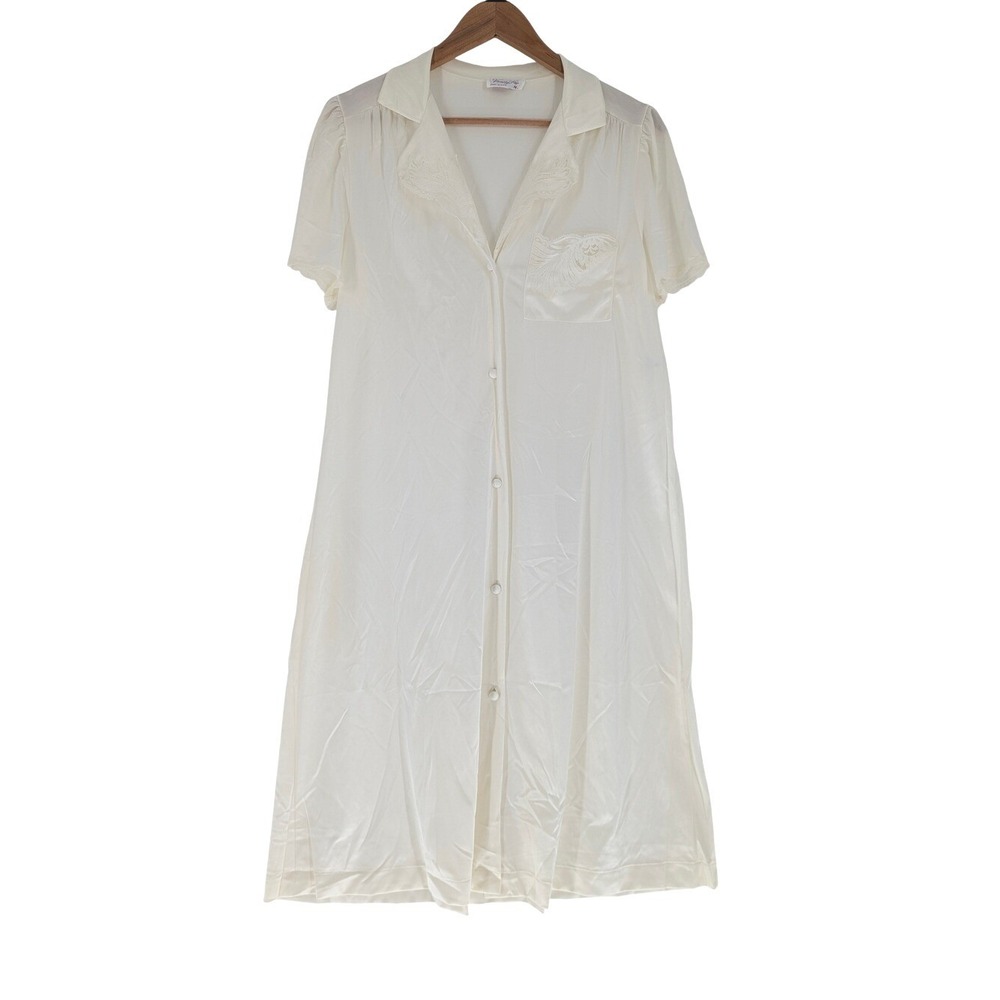 Vintage Vanity‎ Fair Cream White Button Down Lace Trim Nightgown Short Sleeve M
